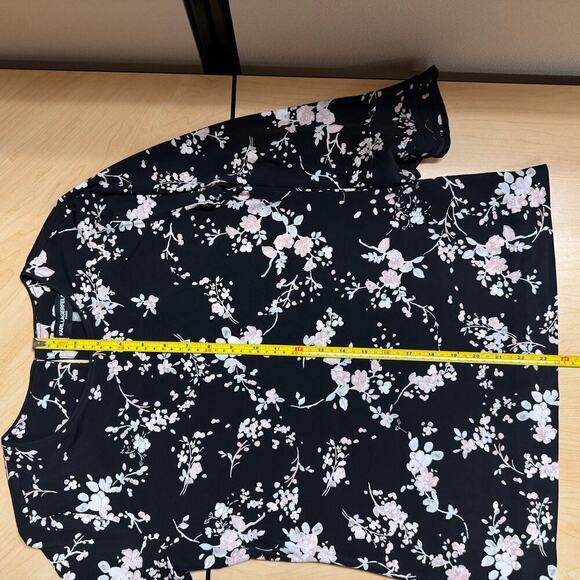 NWT Karl Lagerfeld Paris Black Blouse Shirt Pink Floral Bell Sleeve Women XS - Picture 11 of 13